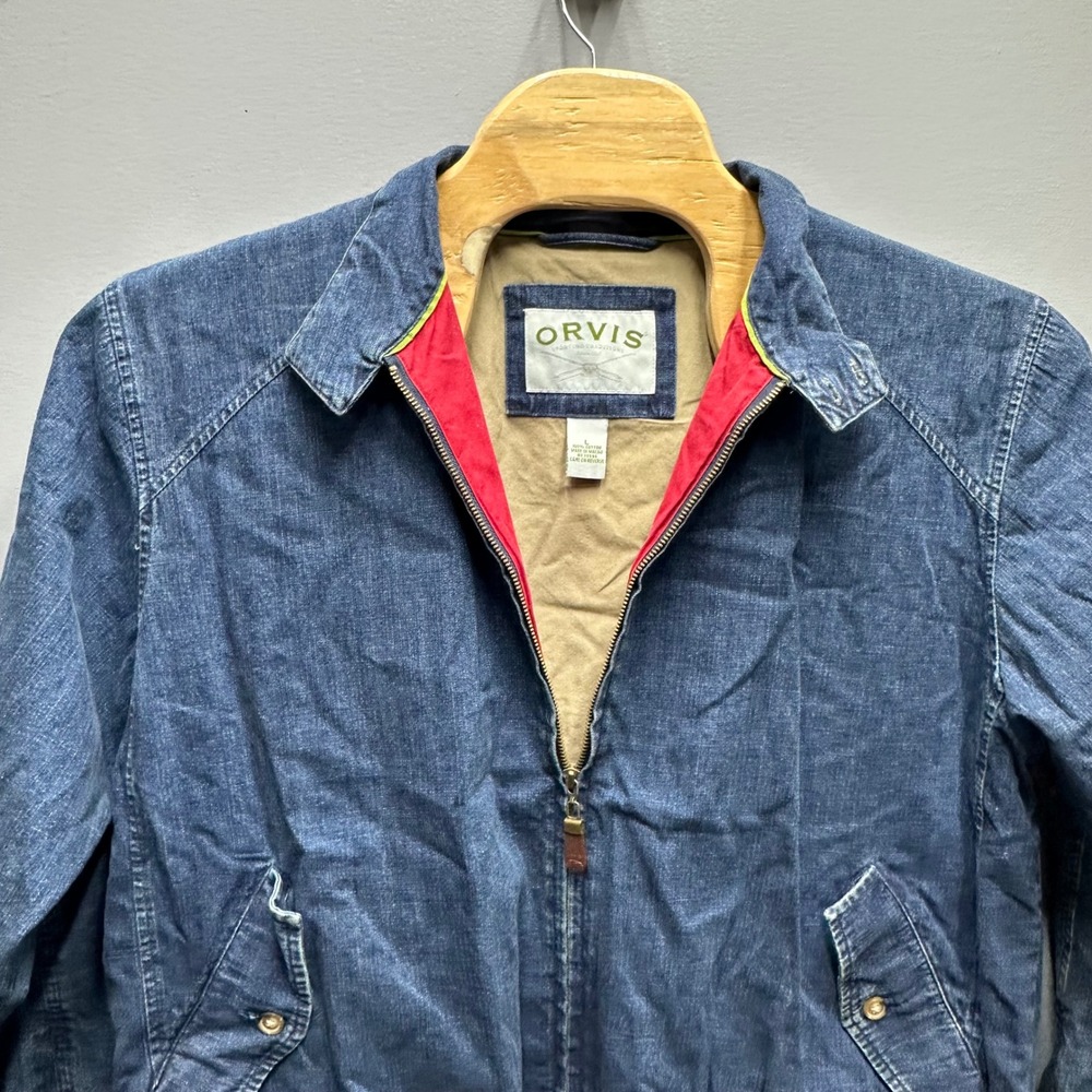 Orvis Mens Large Denim Harrington Jacket Blue Cotton Full Zip Bomber Mock Neck